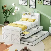 OKWISH Kinderbett 90x190 cm, Kiefernholz Multifunktionsbett mit ausziehbaren Schubladen, Lattenrost, Nachttisch, mit Ablage, mit USB-Buchse, Einzelbett, Jugendbett, Gästebett, weiß