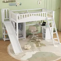 MODFU Etagenbett, Kinderbett, 90x200cm,mit Fallschutzgitter, mit Tisch und Kleiderschrank, Reichlich Stauraum, Mit vierstufiger Leiter, Kiefer+MDF+Sperrholz, Weiß, mit matratze