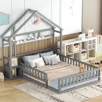 Flieks Kinderbett 140x200cm mit Rausfallschutz und Nachttisch, Bodenbett Hausbett mit Lattenrost, Spielbett Holzbett Doppelbett, Grau