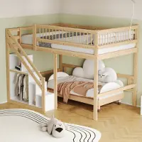 Flieks Etagenbett 140x200cm mit Rausfallschutz, Hochbett mit Treppe mit Kleiderstange und Ablagen, Kinderbett Doppelbett mit Lattenrost, Naturbelassen