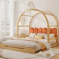 Sweiko Kinderbett 140x100&200cm Ausziehbares Hausbett mit Samtkissen und Bogendach mit Rausfallschutz, Kiefer, natur und orange