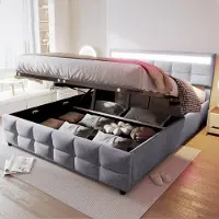 MODFU Polsterbett 180x200 mit Matratze und Lattenrost und Rückenlehne,Doppelbett Bettgestell mit Bettkasten und LED-Beleuchtung,Jugendbett,Grau