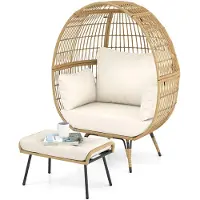 Costway Korbsessel Polyrattan mit Hocker, übergroßer Gartensessel mit Kissen und Metallgestell, Rattansessel XXL, Loungesessel Beige