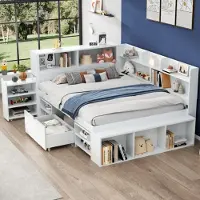 Merax Kinderbett 140x200 mit Schubladen, Bücherregal und Stauschrank, Einzelbett mit Lattenrost und Stauraum, multifunktionales Holzbett Weiß