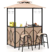 Goplus Grillpavillon, Grill Pavillon Doppeldach mit gehärtetem Glas Bartisch, 2 Barhockern, Glashaltern, 2 Ablagen, Grillüberdachung Grillunterstand wetterfest für Outdoor Garten Hof Pool (Braun)