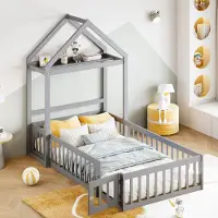 Flieks Kinderbett 90x200cm mit Rausfallschutz, Bodenbett mit Lattenrost, Hausbett mit Ablage und Kleiderstange, Massivholzbett Einzelbett, Grau