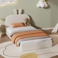 Flieks Polsterbett 90x200 mit Lattenrost, Kinderbett Jugendbett mit Kaninchenförmigem Kopfteil, Einzelbett Klassisches Bett, Samt, Beige
