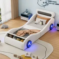 STILVORA Kinderbett 90x200 Jugendbett in Autoform mit leuchtenden Rädern und Stauraum,Einzelbett aus PU,Weiß(mit Matratze)