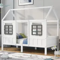 Flieks Kinderbett Hausbett 90x200cm mit Rausfallschutz, Einzelbett mit Lattenrost und 2 Fenstern, Massivholzbett Bodenbett Kinderbett für Junge und Mädchen, Weiß