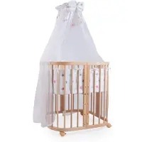 Waldin Mobiles Babybett aus Holz 7in1 mit Matratze, mitwachsend,Stoffe Sterne pink,Holz natur
