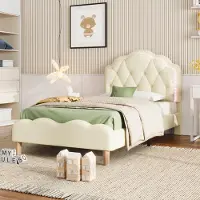 MODFU Kinderbett Polsterbett 90×200 cm mit LED-Licht, Jugendbett Einzelbett mit Kopfteil in Wellenförmigesform(mit Matratze), PolyurethanWeiß