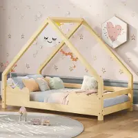 Merax Kinderbett 90x200cm mit Rausfallschutz und Lattenrost, Hausbett Kiefernholz Jugendbett Kinderhaus, holz