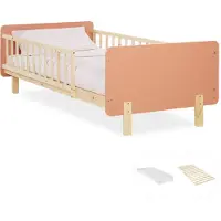 Homestyle4u Kinderbett 90x200 mit Standard 100 mit Lattenrost mit Rausfallschutz Holzbett Rot Matratze Kiefer Massivholz