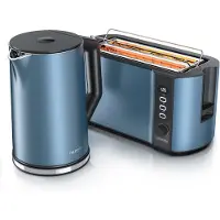 Arendo 2-teiliges Frühstücksset - Edelstahl Wasserkocher 1,5l, 4-Scheiben Langschlitz Toaster, Blau Matt