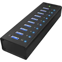 Icy Box IB-AC6110, 10 Port USB 3.2 Gen 1 Hub, inkl. Ladeport, Aluminium Gehäuse mit Netzteil, USB 3.2 Gen 1 (3.1 Gen 1) Type-B, USB 3.2 Gen 1 (3.1 Gen 1) Type-A, 5000 Mbit/s, Schwarz, Aluminium, China