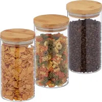 Relaxdays Vorratsgläser mit Bambusdeckel, 3er Set, runde Vorratsdosen aus Glas, 1000 ml, luftdicht, transparent/natur