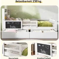 MODFU Kinderbett Holzbett 90x200cm mit 2 Schubladen und Tafel, Jugendbett Massivholzbett mit Rausfallschutz und Regalen, Weiß(Ohne Matratze)