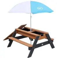 Axi Nick Kinder Sand & Wasser Picknicktisch aus Holz | Wasserspieltisch & Sandtisch mit Deckel und Behältern | Kindertisch / Matschtisch in Grau & Braun mit Sonnenschirm für den Garten