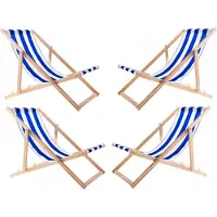 Woodok 4 bequeme Liegestühle aus Holz, blau gestreift, ideal für den Strand, Balkon, Terrasse, montiert