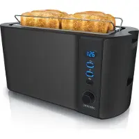 Arendo Toaster 4 Scheiben, Langschlitztoaster, Langschlitz, Edelstahl, 1500W, Display mit Restzeitanzeige, Brötchenaufsatz, Defrost Funktion, Wärmeisolierendes Gehäuse, Schwarz