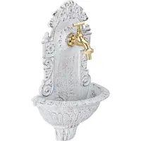 Relaxdays Wandbrunnen antik, mit Wasserhahn, nostalgisch, Waschbecken Garten, Aluguss, H x B x T 40 x 24,5 x 13 cm, weiß