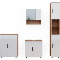 Vicco Badmöbel-Set Irma Weiß Hochglanz/Goldkraft Eiche 4 Teile, mit Hochschrank und Kommode, Model 40537