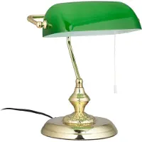 Relaxdays Bankerlampe mit Zugschalter, grüner Schirm, runder Sockel, Vintage Design, Glas, HBT: 31x22,5x18,5cm, messing