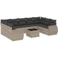 vidaXL 10-tlg. Garten-Sofagarnitur mit Kissen Hellgrau Poly Rattan
