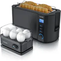 Arendo - Set Toaster MANHA mit Eierkocher SIXCOOK Edelstahl Schwarz, Toaster 4 Scheiben, LED-Display, 6 Bräunungsgrade, Brötchenhalter - Eierkocher 1-6 Eier, Messbecher