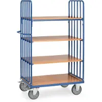 Fetra Etagenwagen, 4 Holz-Böden, bis 600 kg, Stirnwände mit Streben, 1000 x 600 mm, Stahl, blau