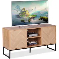 Relaxdays TV Lowboard, Retro-Design, HBT: 60 x 120 x 38 cm, Holzoptik, Metall, 4 Fächer, Fernsehtisch, hellbraun/schwarz