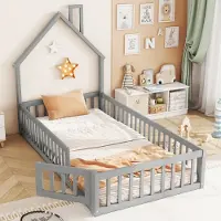 STILVORA Kinderbett 90×200 ohne Matratze Hausbett Bodenbett in Schornsteinform Jugendbett aus Massivholz mit Lattenrost ,grau