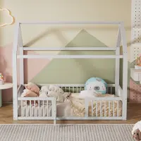 STILVORA Kinderbett 90×200cm, Flachbett mit Kreatives Haus-Bettgestell, mit einem Sicherheitsgitter, Einfach zu installieren
