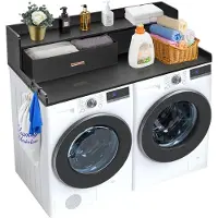SucceBuy Waschtrockner-Arbeitsplatte mit 2 Schubladen, 54 x 27 Zoll, schwarzes Holz, mit 2-stufigem Regal, Anti-Rutsch-Pads und wasserfester Wäscheauflage