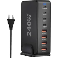 Reagle 240W GaN Ladestation 8 Ports USB C PD 100W USB A QC 3.0 Schnellladegerät für MacBook Pro Laptop Smartphone Tablet PC Netzteil mit Ladestation Schwarz