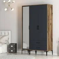Dmora Kleiderschrank 3 Türen Dpierin, Schlafzimmermöbel, Schrank, Garderobe, 120x201h48 cm, Walnuss und Anthrazit