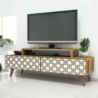 Dmora Fernsehschrank Dpierobo, Ständer für Wohnzimmerfernseher, Niedriges Wohnzimmer-Sideboard, TV-Ständerbasis, 140x42h49 cm, Walnuss und Weiß