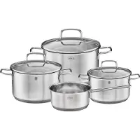 Rösle Basic Line Topf-Set, Edelstahl 18/10, 3 Universaltöpfe mit Schüttrand und Glasdeckel, 1 Stielkasserolle, spülmaschinen- und induktionsgeeignet