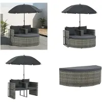 vidaXL Gartenbett mit Sonnenschirm Grau Poly Rattan - Gartenstuhl - Gartenstühle - Sonnenliege - Sonnenliegen