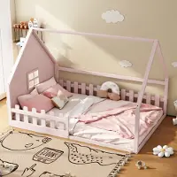 STILVORA 140x200 Kinderbett mit Hausleiste,Jugendbett aus Holz,Einzelbett in Hausform für Jungen und Kinder,Einfach zu montieren,ohne Matratze,MDF,Rosa