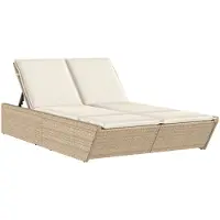 vidaXL Doppel-Sonnenliege mit Auflagen Beige Poly Rattan