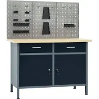 Syfax Werkbank, robuster Werkstatt-Arbeitsplatz mit 3 Lochwand-Werkzeugwänden, Stahl, Holzwerkstoff, 120x60x85 cm, 500 kg Tragkraft, 2 Schubladen