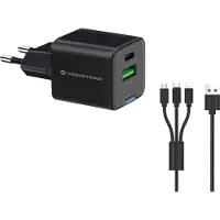 Conceptronic 2-Port 33W GaN USB-PD-Ladegerät mit 3-in-1-Ladekabel, USB-C x 1, USB-A x 1, QC 3.0, PPS, Drinnen, AC, 20 V, 1,5 m, Schwarz