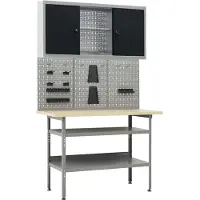 Syfax Werkbank-Set, Werkstatt-Arbeitstisch mit 300 kg Tragkraft, Stahl & Holzwerkstoff, 3 Lochwand-Werkzeugwände, 1 Wandschrank mit 3 Fachböden, Grau