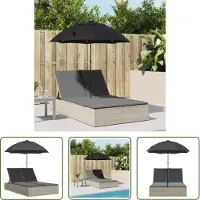 The Living Store Doppel-Sonnenliege mit Kissen & Schirm Hellgrau Poly Rattan