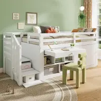 SUCCESS COURIER Hochbett 90x200 cm Kinderbett weiß multifunktionales Spielbett mit Schreibtisch Treppenregal Schubladen links rechts wechselbar Holz Jugendbett