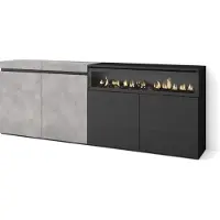 Skraut Home Sideboard, Highboard, 200x35x75cm, 4 Türen, Elektrokamin. farbe Zementgrau und Schwarz