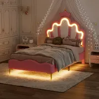 Flieks Polsterbett 90x200cm mit Lattenrost, Kinderbett mit Kronenförmigem Kopfteil, Jugendbett Einzelbett mit Led, Prinzessinnenbett Holzbett, PU