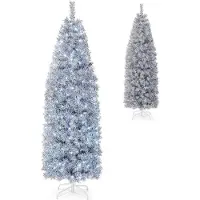 Costway 180cm Künstlicher Weihnachtsbaum Bleistift, LED beleuchteter Tannenbaum mit 250 kaltweißen LEDs, schlanker Christbaum Weihnachten, Kunstbaum mit Metallständer, Weiß+Schwarz