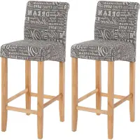 Mendler 2er-Set Barhocker HWC-C33, Barstuhl Tresenhocker, Holz Schriftzug, grau, helle Beine, Stoff/Textil